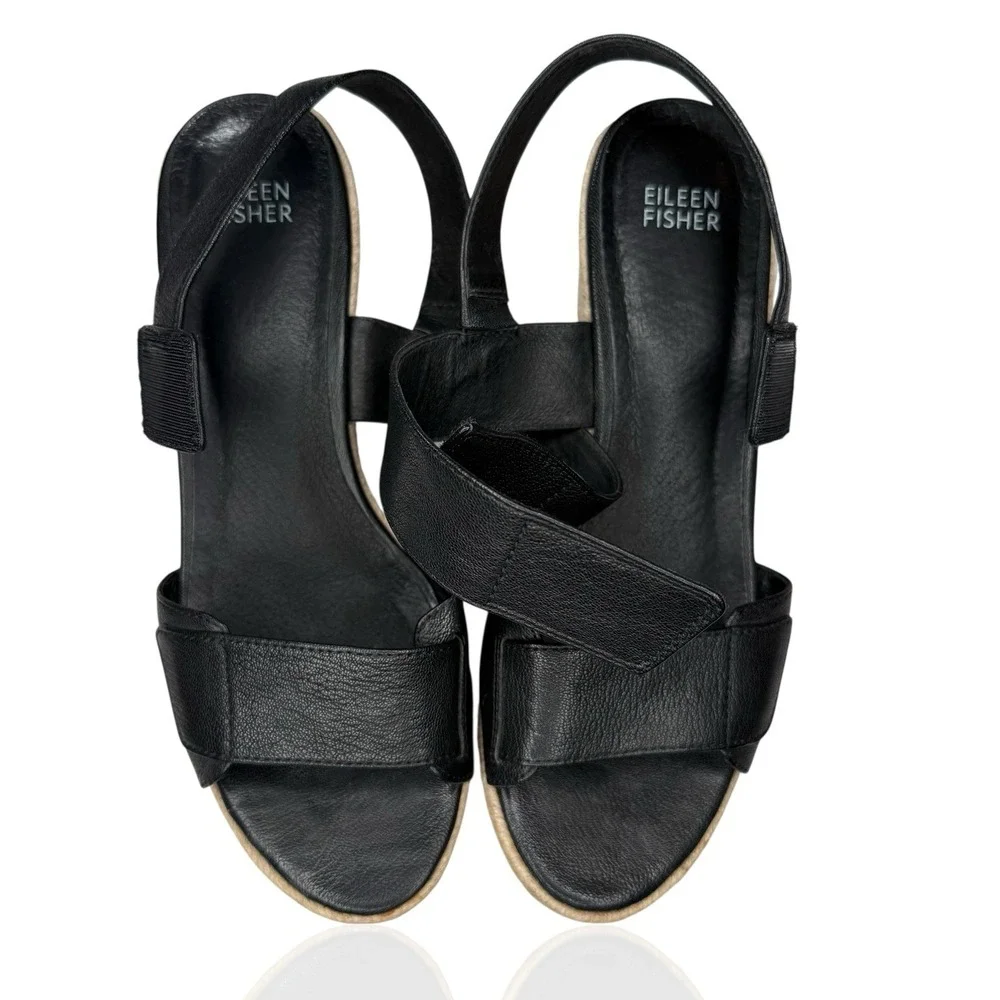 NEW Eileen Fisher 8.5 Winnie Tumbled Black Leather Espadrille Wedge‎ Sandals